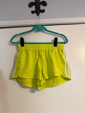 adidas Women’s Neon Yellow Athletic Running Shorts with White Stripes